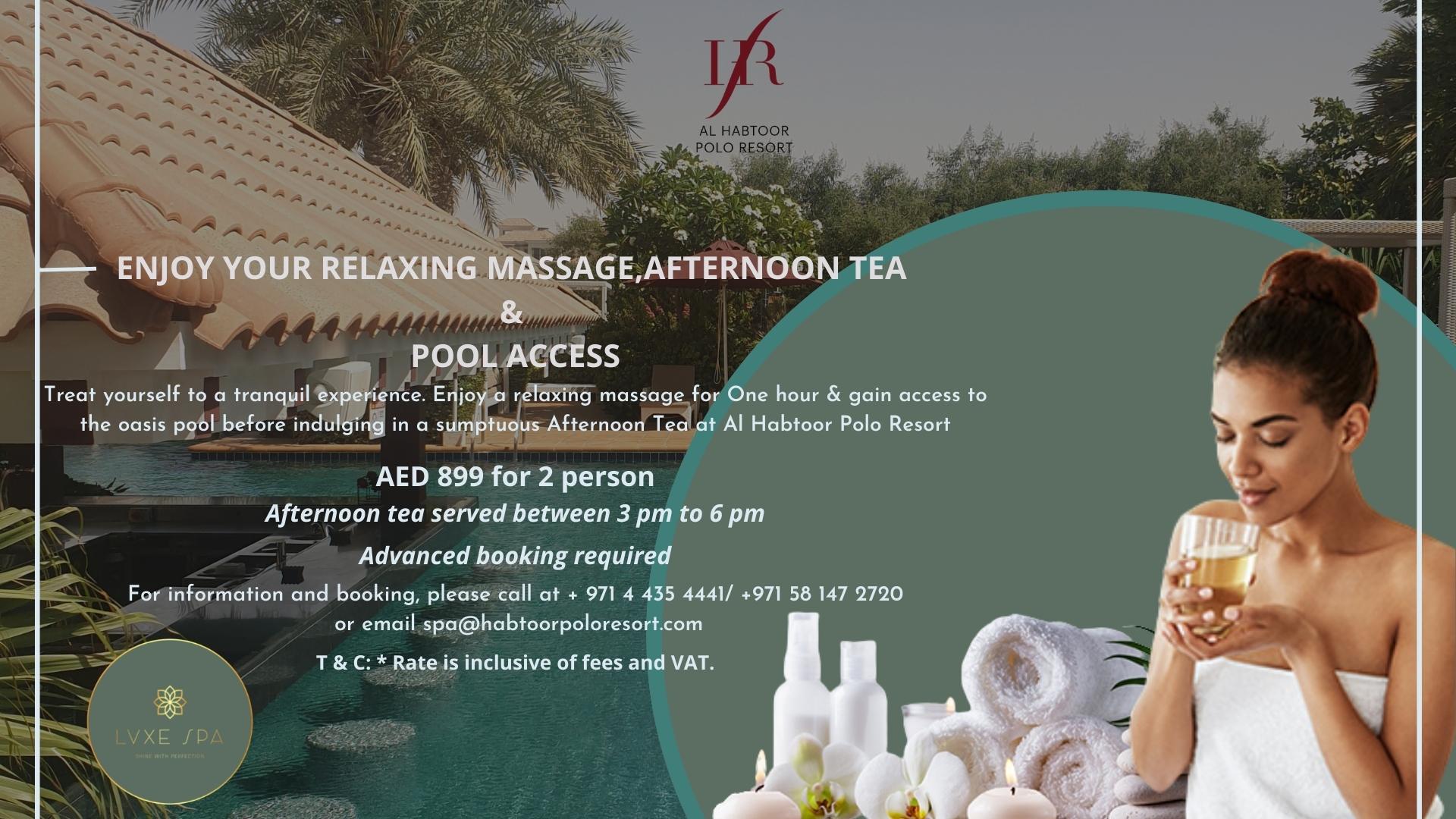 Relaxing massage, afternoon tea & Pool Access
